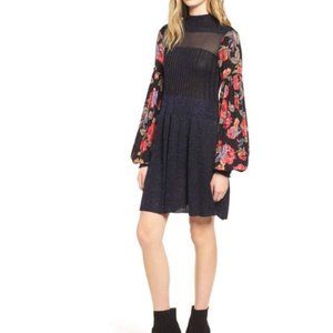 Free People Black Rose & Shine Floral Metallic Sweater Dress